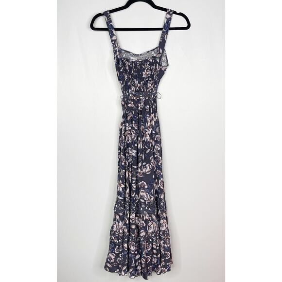 New Evereve Roan + Ryan XS Blue Madison Mixed Print Midi Dress Square Neck - Picture 2 of 14